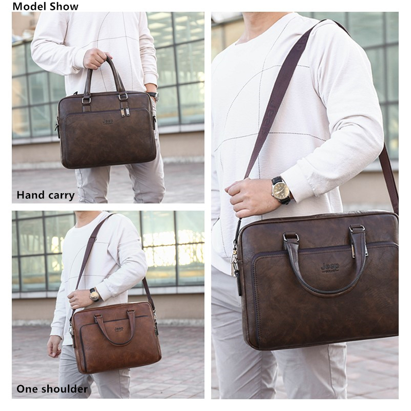 JEEP BULUO-Bolso de negocios para ordenador portátil de 14 pulgadas para hombre, maletines de gran capacidad, de cuero partido, para oficina