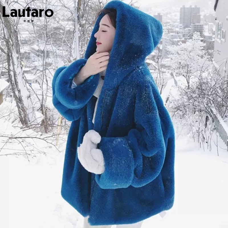 Lautaro-Übergroßer warmer Kunstpelzmantel für Damen, langärmlig mit Kapuze, weiche, flauschige Jacke, lockere koreanische Mode, Blau, Winter