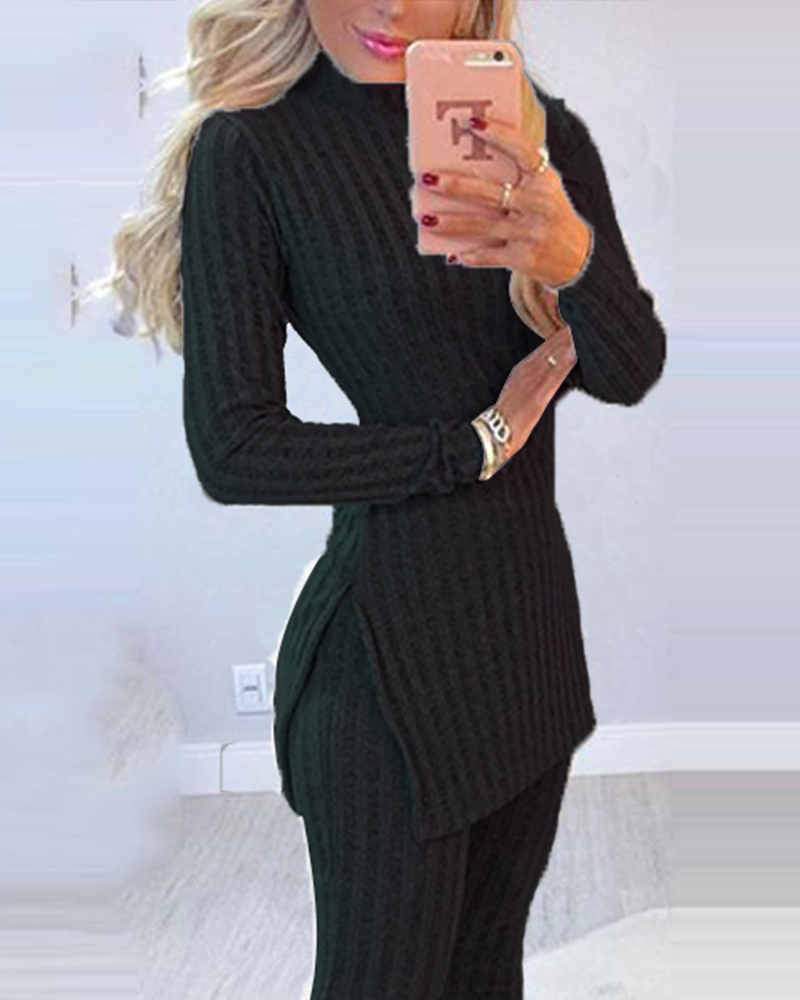 Trajes de punto de 2 piezas para mujer, Top largo con abertura acanalada de manga larga y pantalones pitillo de cintura alta, conjunto de moda, otoño e invierno