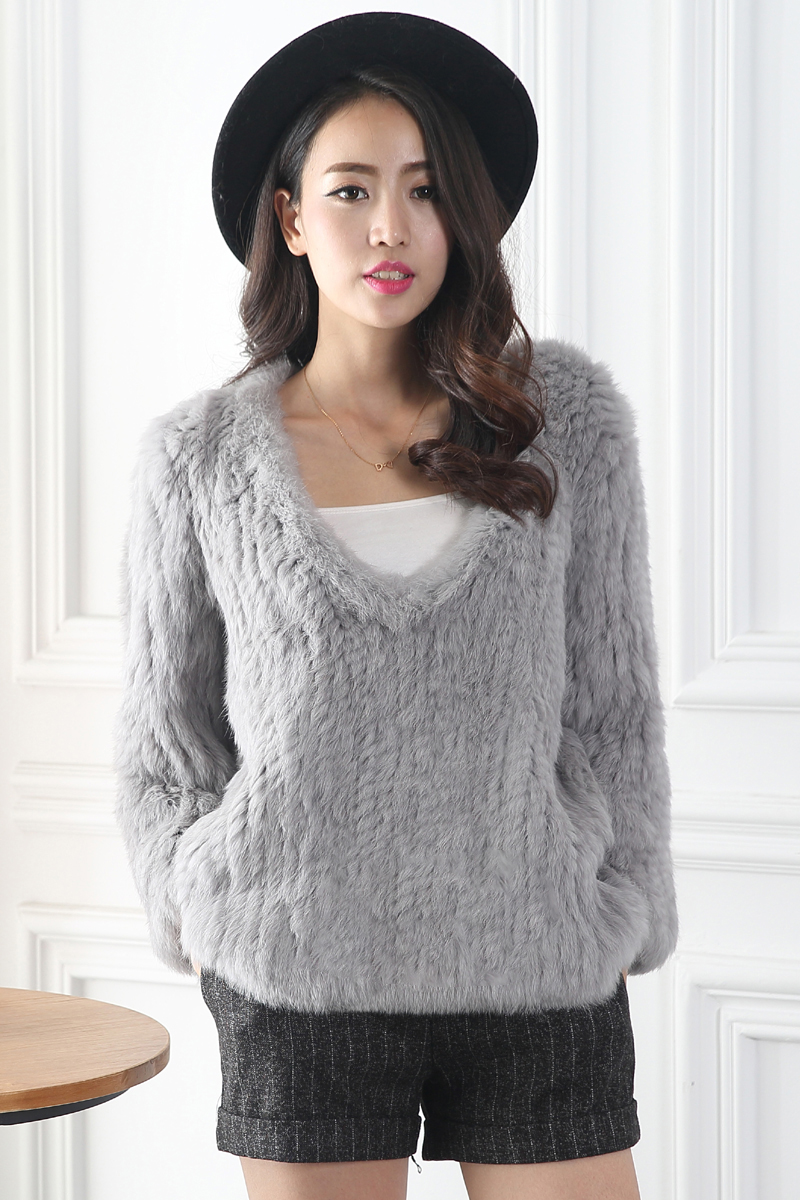 Grote Mode Trends Catwalk Sexy Topless Mid-Length Trui Herfst En Winter Konijnenbont Geweven Bont Jas