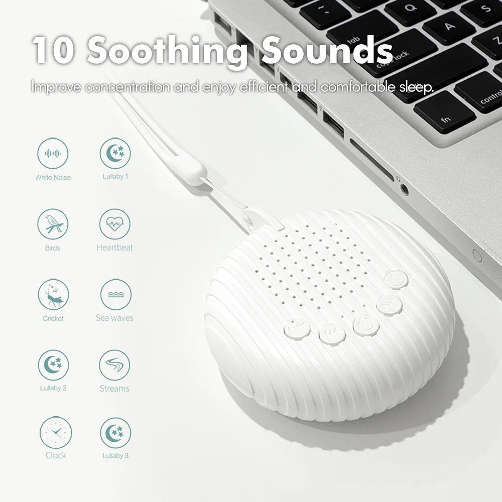 Máquina de sonido de ruido blanco, máquina portátil para dormir para bebés, 10 sonidos relajantes, volumen ajustable, batería recargable integrada, USB