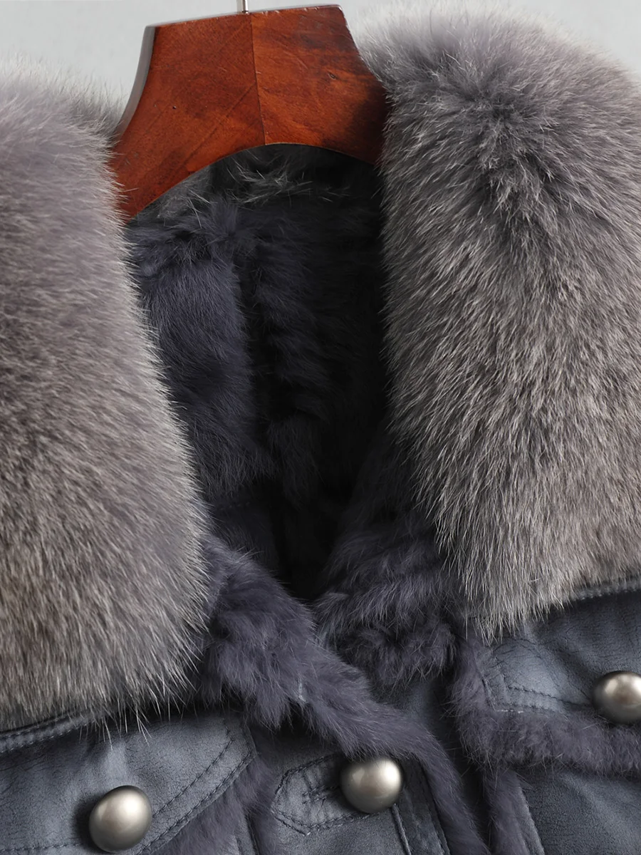 2024 neues kurzes lang ärmel iges Kaninchen leder mit Pelzmantel weibliches Revers fuchs fell Ledermantel weiblich