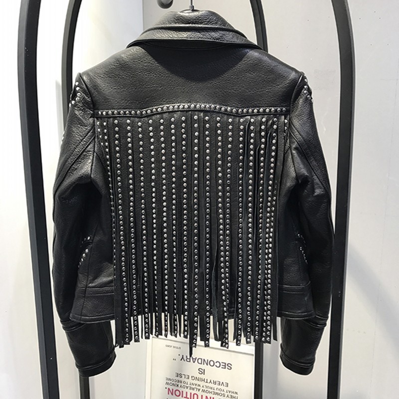 Luxury Heavy Work Rivet Tassel Real Leather Female jackets Moto Biker Single Breasted Lapel Womens Sheepskin Solid Short Coats