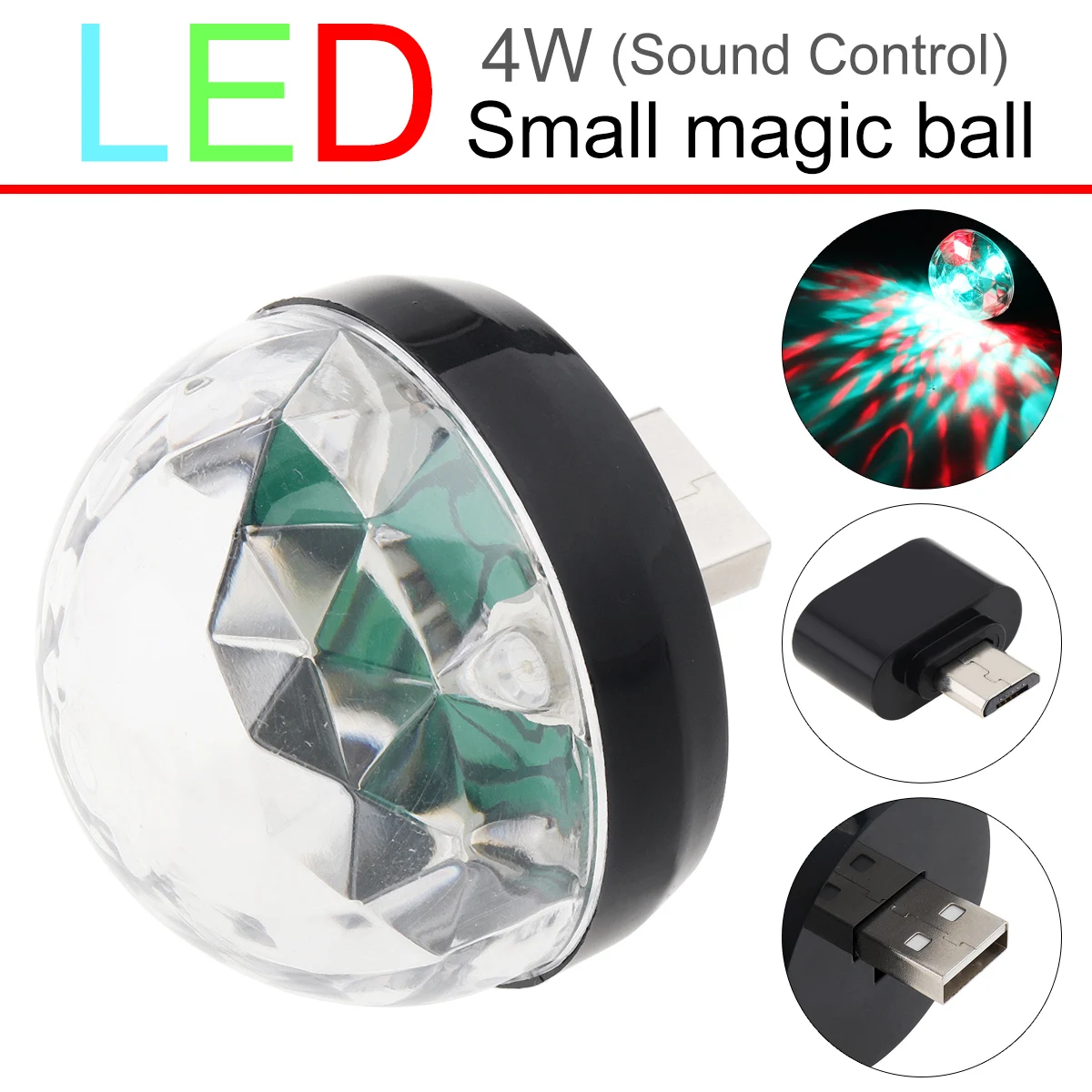 4W Mini USB светодиодный звук Активный светильник для вечеринок Crystal Magic Ball RGB Красочный сценический светильник Поддержка телефона Android для дома Автомобиля KTV