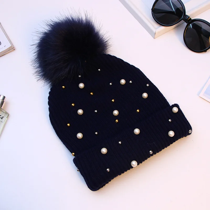 Gorro de lana con bolas de pompón para mujer, gorro de punto con perlas y diamantes de imitación, informal, cálido, para exteriores, invierno, 2021