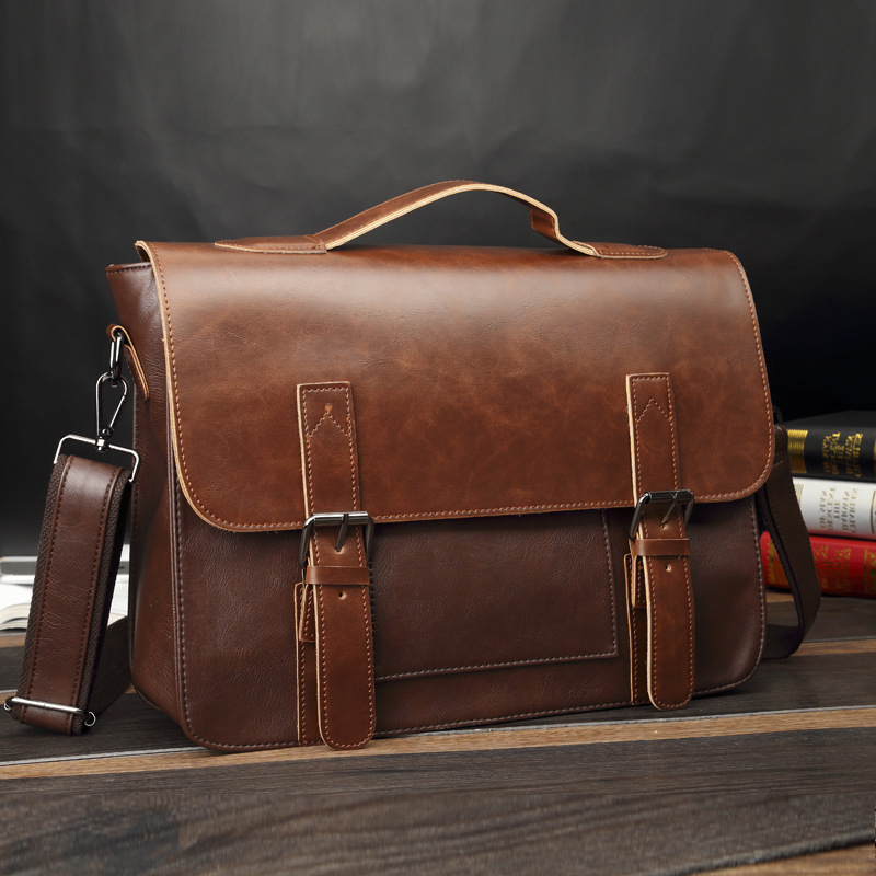 Bolsa de mão de couro crazy horse masculina, bolsa de laptop casual de ombro para homens