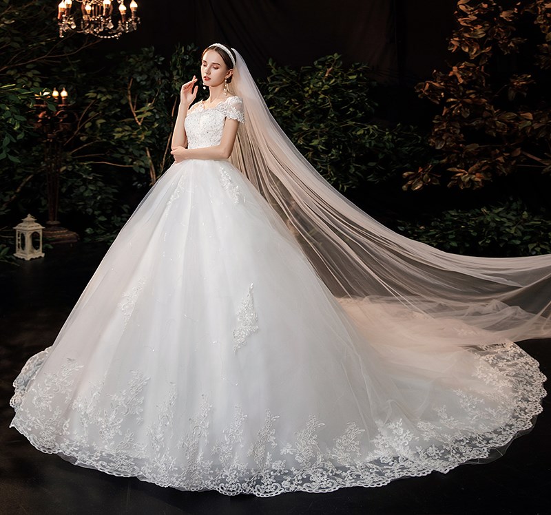 2022 Cao Cấp Phối Ren Cổ V BẦU VÁY Áo Ngắn Tay Công Chúa Ảo Ảnh Táo Cô Dâu Đồ Bầu Casamento