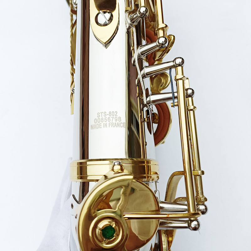 Saksofon Tenor Perancis STS-802 Perak Kunci Emas Sax Tenor Mouthpiece Ligatur Leher Alat Musik