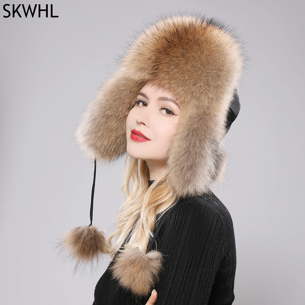 2022 Hình Thật 100% Cáo Lông Nón Nữ Nga Ushanka Aviator Bẫy Bắt Tuyết Trượt Tuyết Nón Mũ Lưỡi Trai Earflap Mùa Đông Gấu Trúc Lông Thú máy Bay Ném Bom Nón