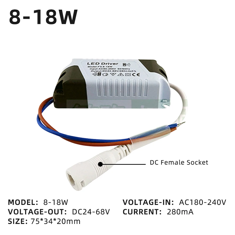 Controlador LED AC 110V 220V corriente constante 8-18W 8-24W DC 280mA fuentes de alimentación LED con controladores de enchufe hembra para Panel de luz LED