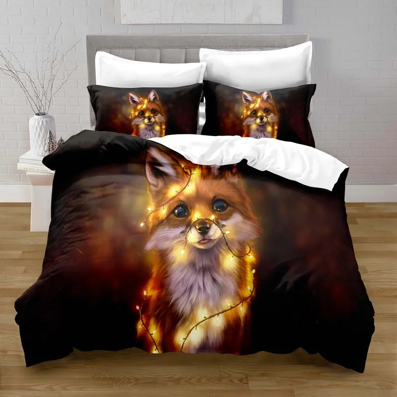 Set tempat tidur motif Digital penutup selimut rubah fantasi poliester 100% dengan Set tempat tidur sarung bantal untuk anak perempuan Set tempat tidur selimut