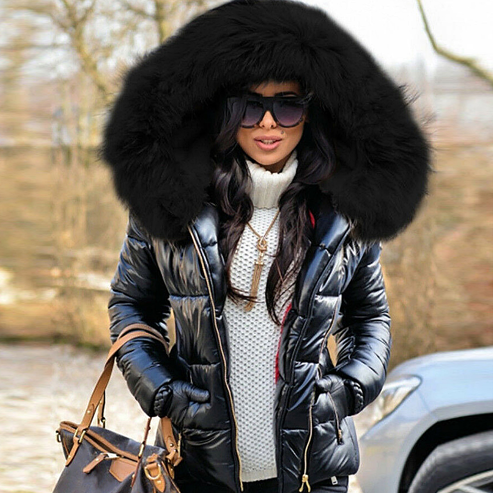 หลวมเสื้อแจ็คเก็ตผู้หญิงฤดูใบไม้ร่วงฤดูหนาว Faux FUR Hood Zipper WARM Down Coat กลางแจ้ง Parka เสื้อแจ็คเก็ตสั้น