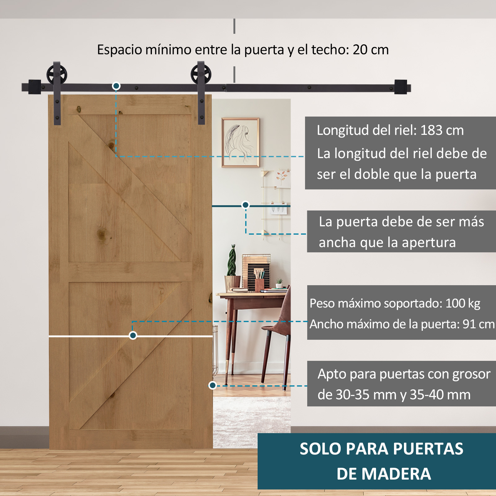 HOMCOM 6FT/183cm Herraje para Puerta Corredera Kit de Accesorios Corrediza de Madera con Guía de Suelo Riel de Acero al Carbono