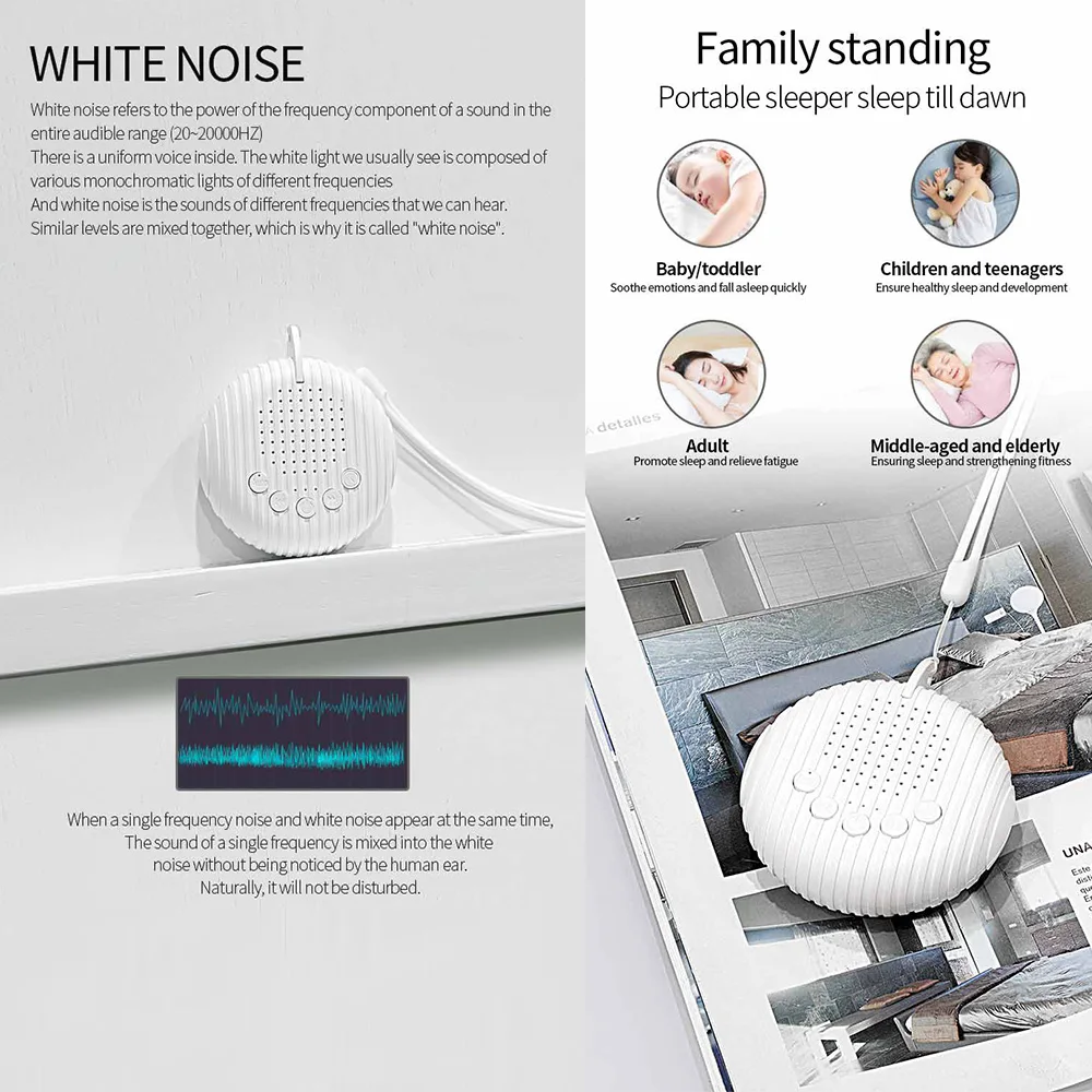 Máquina de sonido de ruido blanco, máquina portátil para dormir para bebés, 10 sonidos relajantes, volumen ajustable, batería recargable integrada, USB