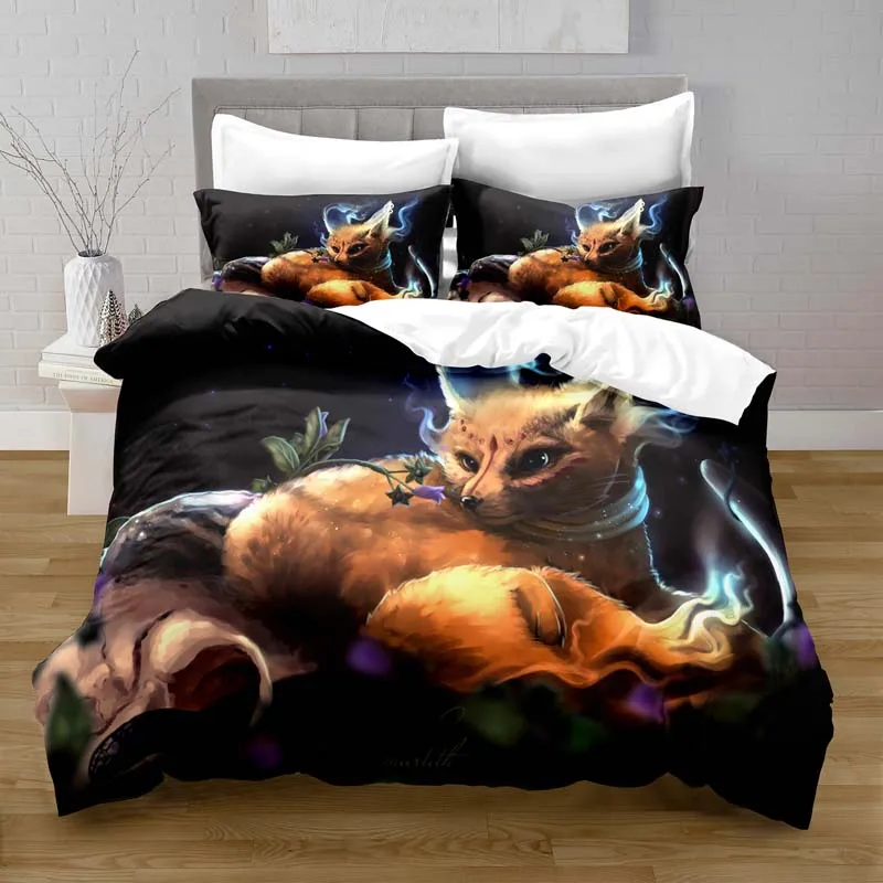 Set tempat tidur motif Digital penutup selimut rubah fantasi poliester 100% dengan Set tempat tidur sarung bantal untuk anak perempuan Set tempat tidur selimut