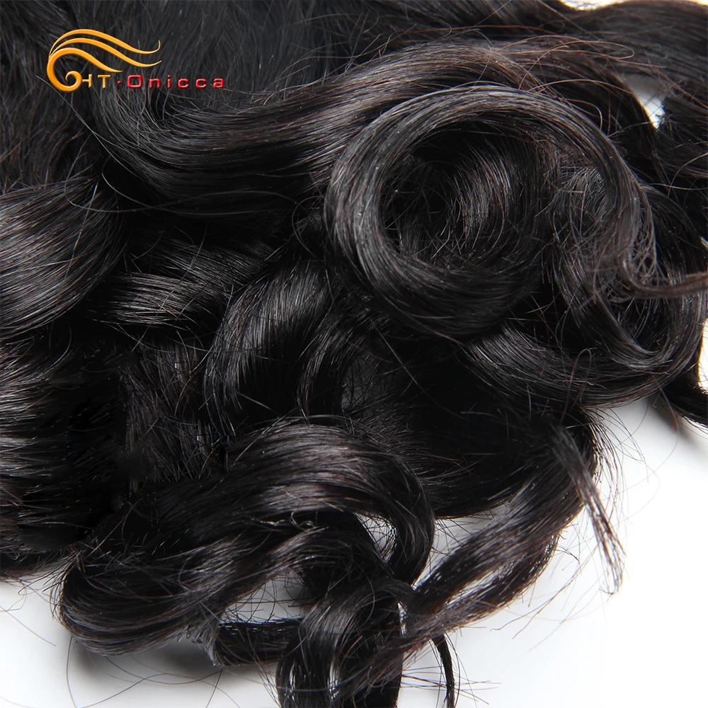 Pacotes encaracolados do cabelo humano com fechamento, T parte fechamento do laço, cabelo brasileiro curto, cor natural