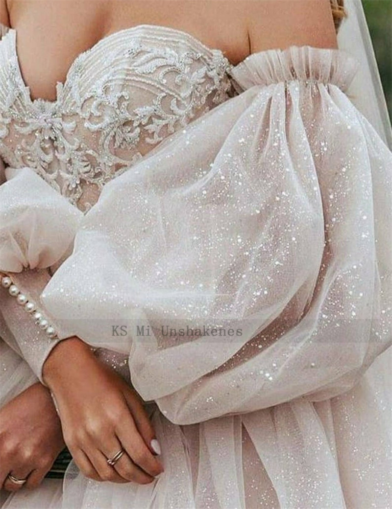 Schmutzig Rosa Boho Hochzeit Kleid 2021 Abnehmbare Puff Hülse Braut Kleider Glitter Sparky Spitze Hochzeit Kleider Strand Schatz