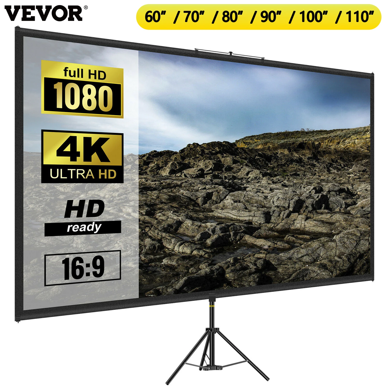 SucceBuy 60 70 80 90 100 Schermo per proiettore con treppiede da 110 pollici con supporto 16:9 4K HD Home Cinema portatile per proiezione interna ed esterna