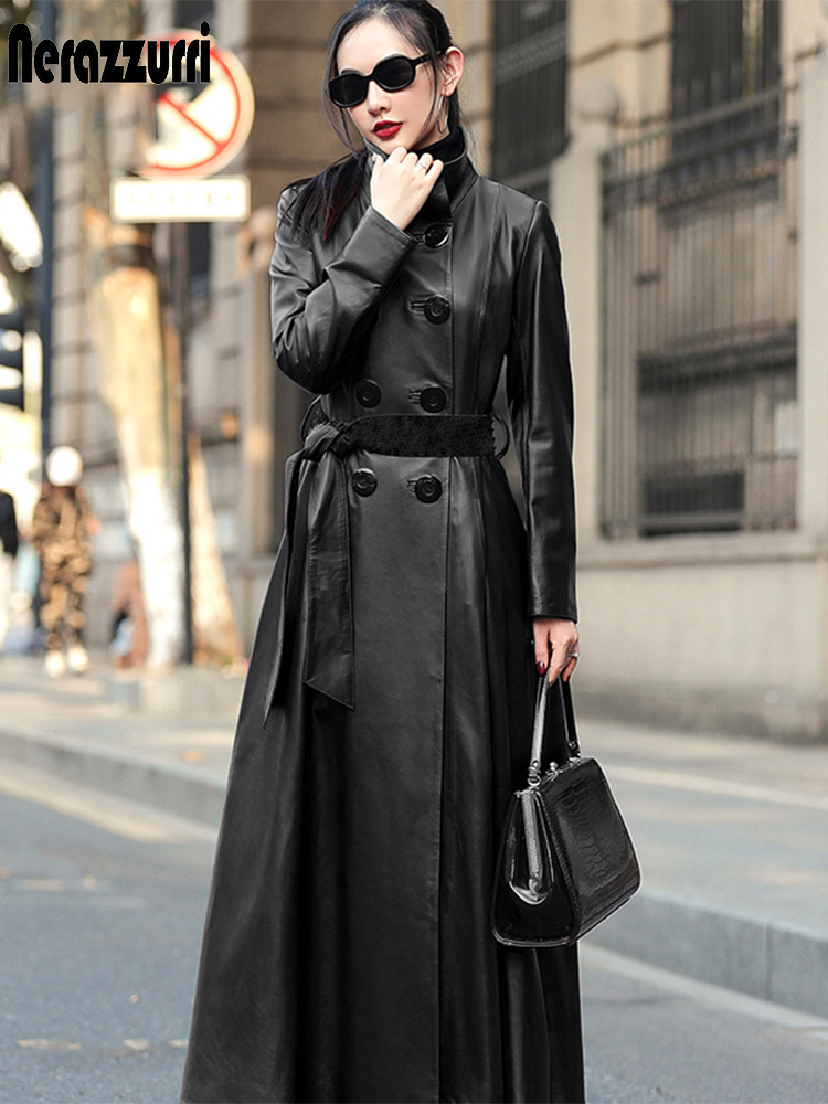 Nerazzurri-女性用長袖合成皮革コート,女性用トレンチコート,ダブルブレスト,エレガント,ランウェイファッション,2023