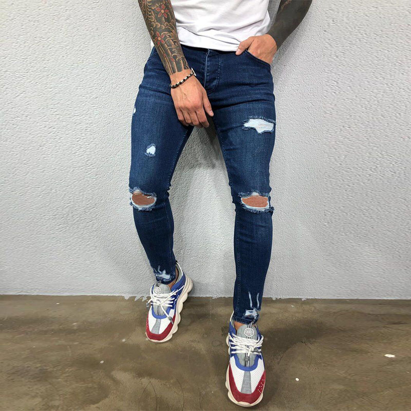 Pantalones vaqueros ajustados elásticos rasgados con agujeros hasta la rodilla para hombre Color sólido negro azul Otoño Verano estilo Hip-Hop pantalones ajustados S-4XL