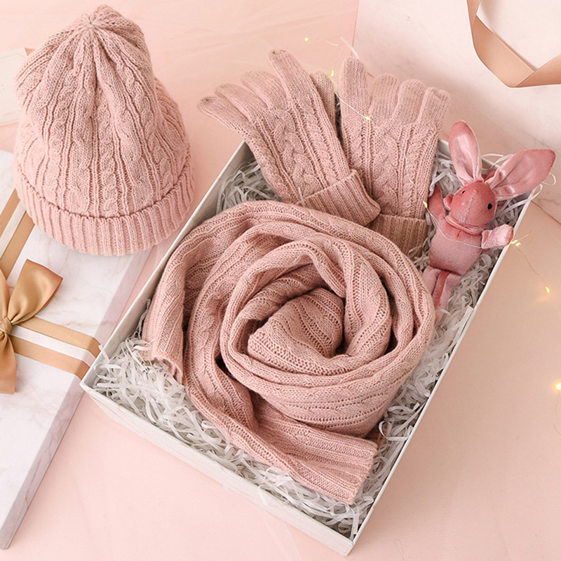 Conjunto de guantes de punto para mujer, gorro de lana cálido, gorro, diadema sólida, bufanda de punto, regalo de Año Nuevo, 3 uds.