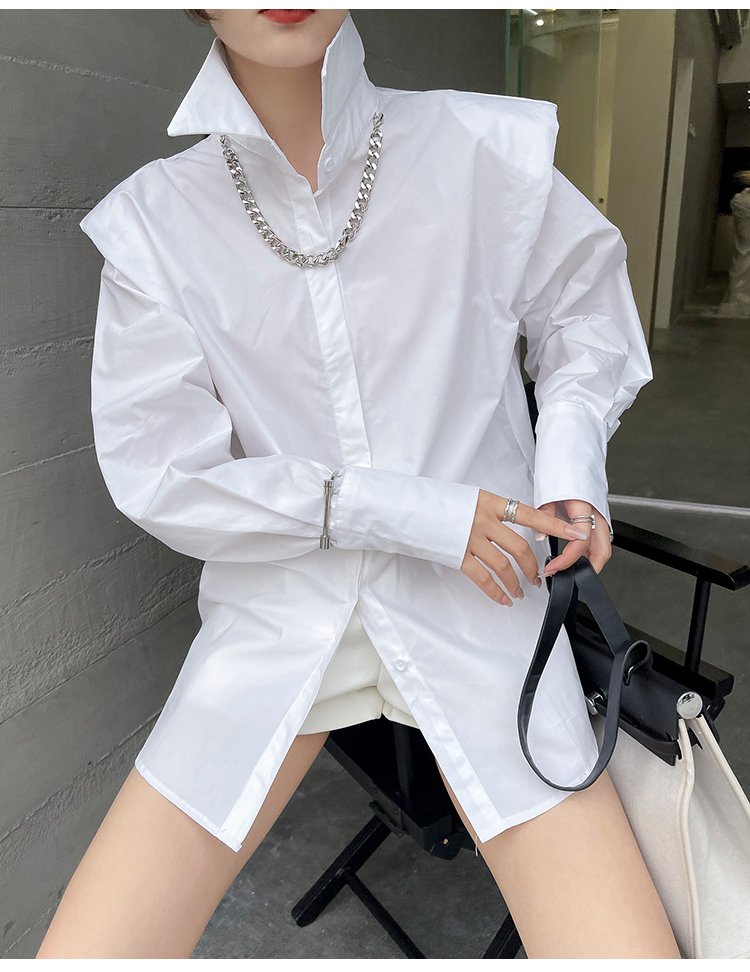 Ifhobi Wanita Chic Kerah Longgar Warna Solid Bantalan Bahu Kemeja Putih Busana Korea Musim Semi Musim Gugur Blus Antik