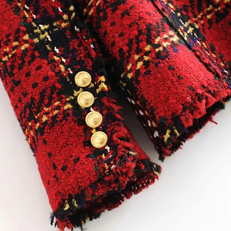 Tweed Nữ Kẻ Sọc Đỏ Áo Cộc Tay Mùa Đông 2021 Thời Trang Nữ Vintage Áo Khoác Nữ Miếng Dán Cường Lực Áo Áo Khoác Bé Gái Sang Trọng Bộ Trang Phục Quần Áo