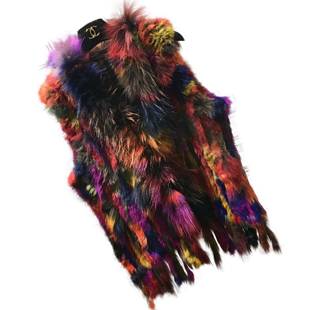 Modische echte gestrickte Kaninchenfellwesten für Damen mit Waschbärpelzkragen, Gilets, hochwertige, geschlossene Weste in Übergröße