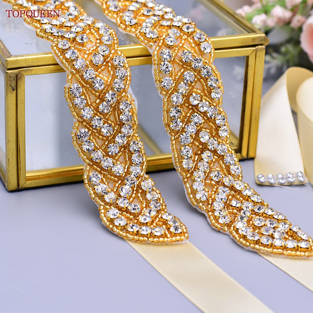 TOPQUEEN S216-G Golden Bridal Belt Full Rhinestones Women Sash  Luxury Designer Moroccan Wedding Waistband Shiny Jewel Applique