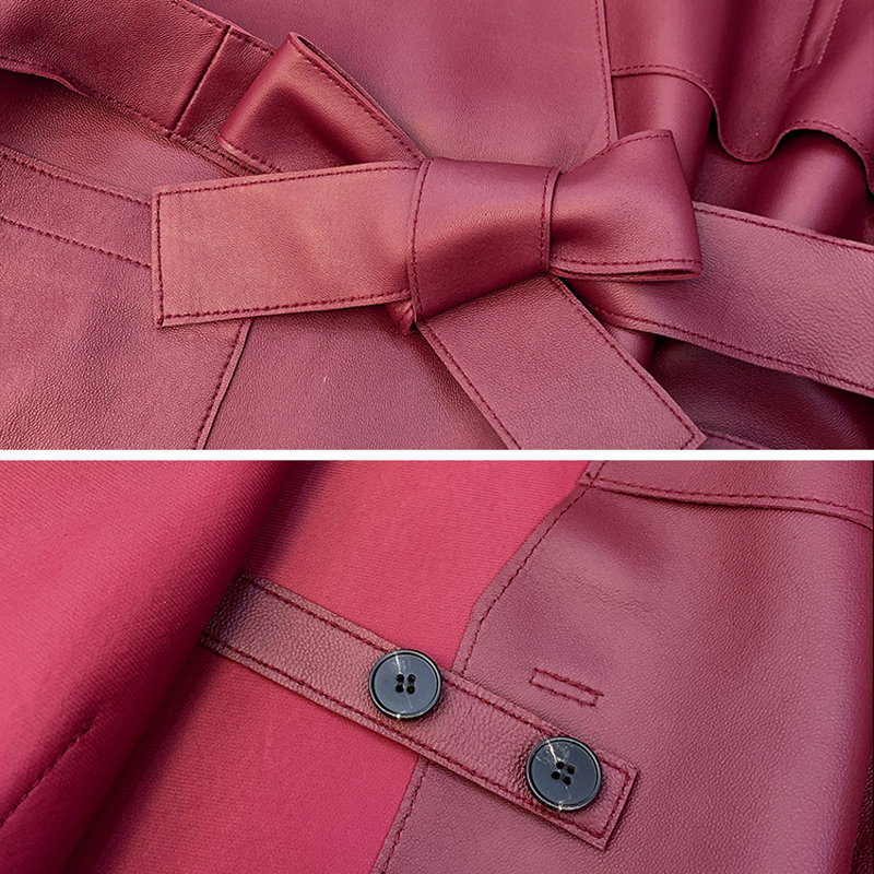 女性の革のジャケット女性日本シックなディープvネックコートとベルトワイン赤長袖vesteファムpopaデmujer