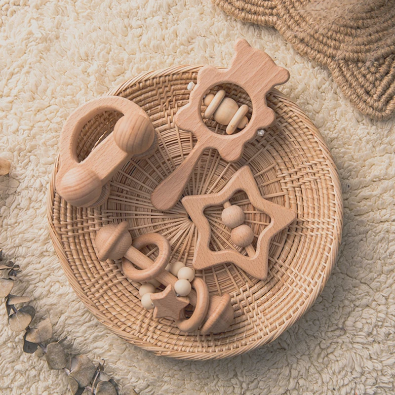 ของเล่นเด็กไม้ Rattles ชุด Beech Hand Teething การ์ตูนสัตว์หมีเด็กทารก Rattles ดนตรี Montessori ของเล่นเพื่อการศึกษาของขวัญ