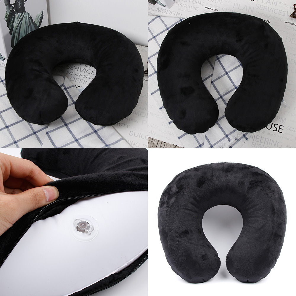 Funda de tela de felpa flocada, almohada inflable de viaje al aire libre, cojín en forma de U, almohada para el cuello, accesorios de viaje, almohada para siesta