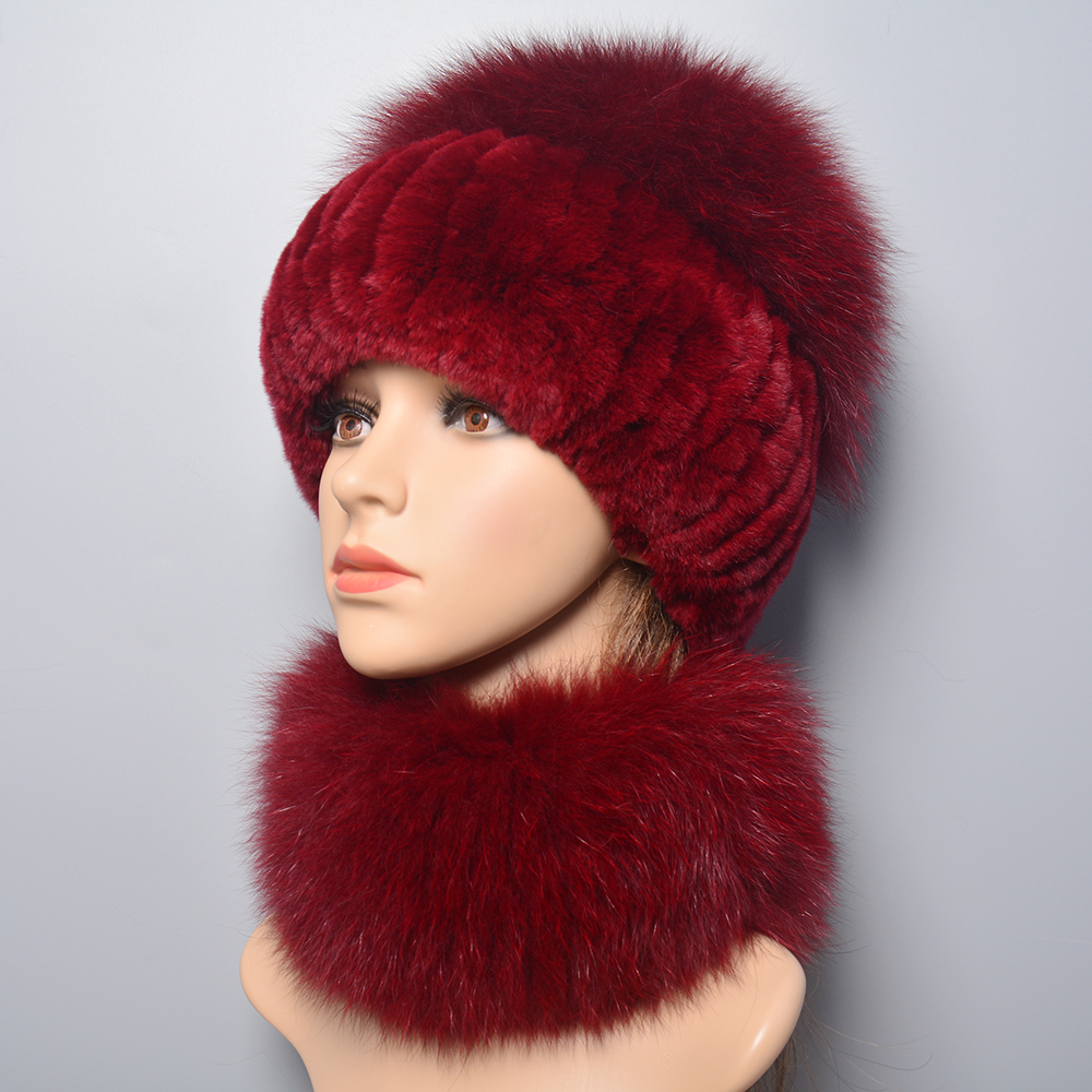 Heißer Verkauf Winter Outdoor Marke Frauen Echt Rex Kaninchen Pelz Schal Hut Warme Echt Fuchs Pelz Kappe Ring Schal Natürliche fuchs Pelz Schals Hüte
