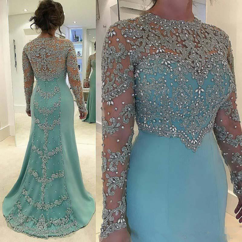 Strass Perlen Appliques Mutter der Braut Kleider Mint Green Meerjungfrau Hochzeit Kleid Sparkly Langarm Formale Party Kleider