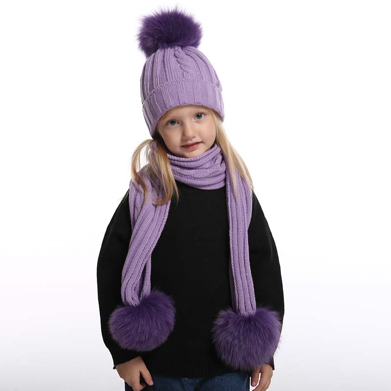 Set cappello e sciarpa con pompon in vera pelliccia di volpe per bambini Cappello invernale per bambina carina in pile all'interno di 3 berretti con pompon
