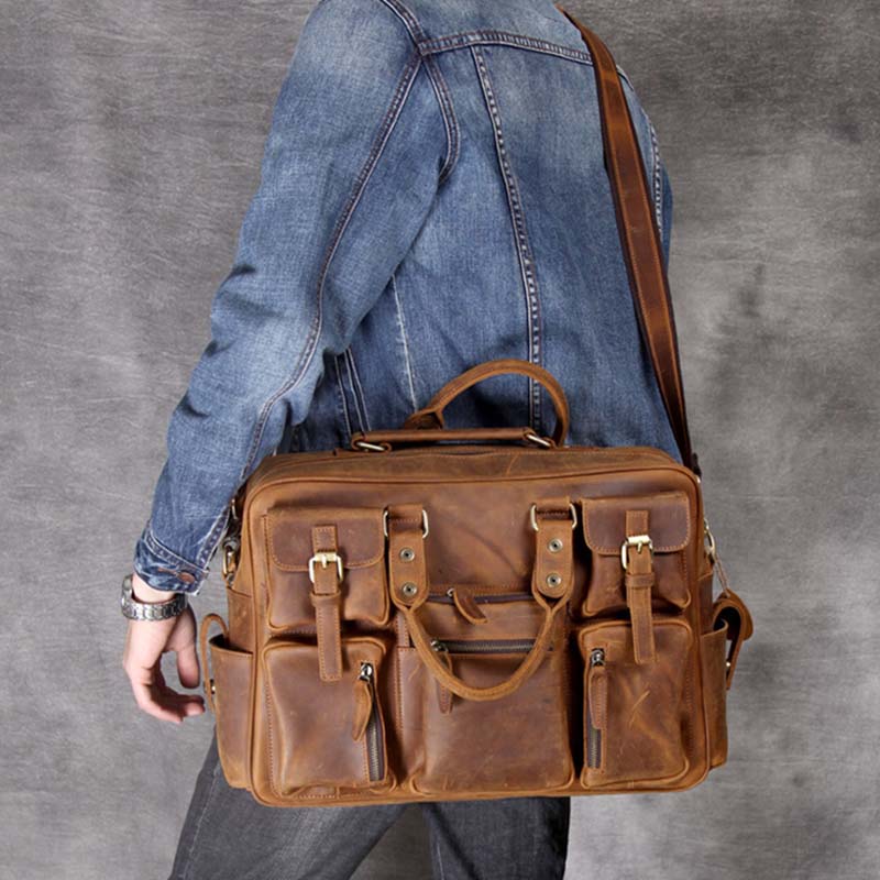 Männer Vintage Crazy Horse Echtes Leder Aktentasche 15.6 "Echt Leder Business tasche Rindsleder Laptop Messenger Tasche Große Reise tote