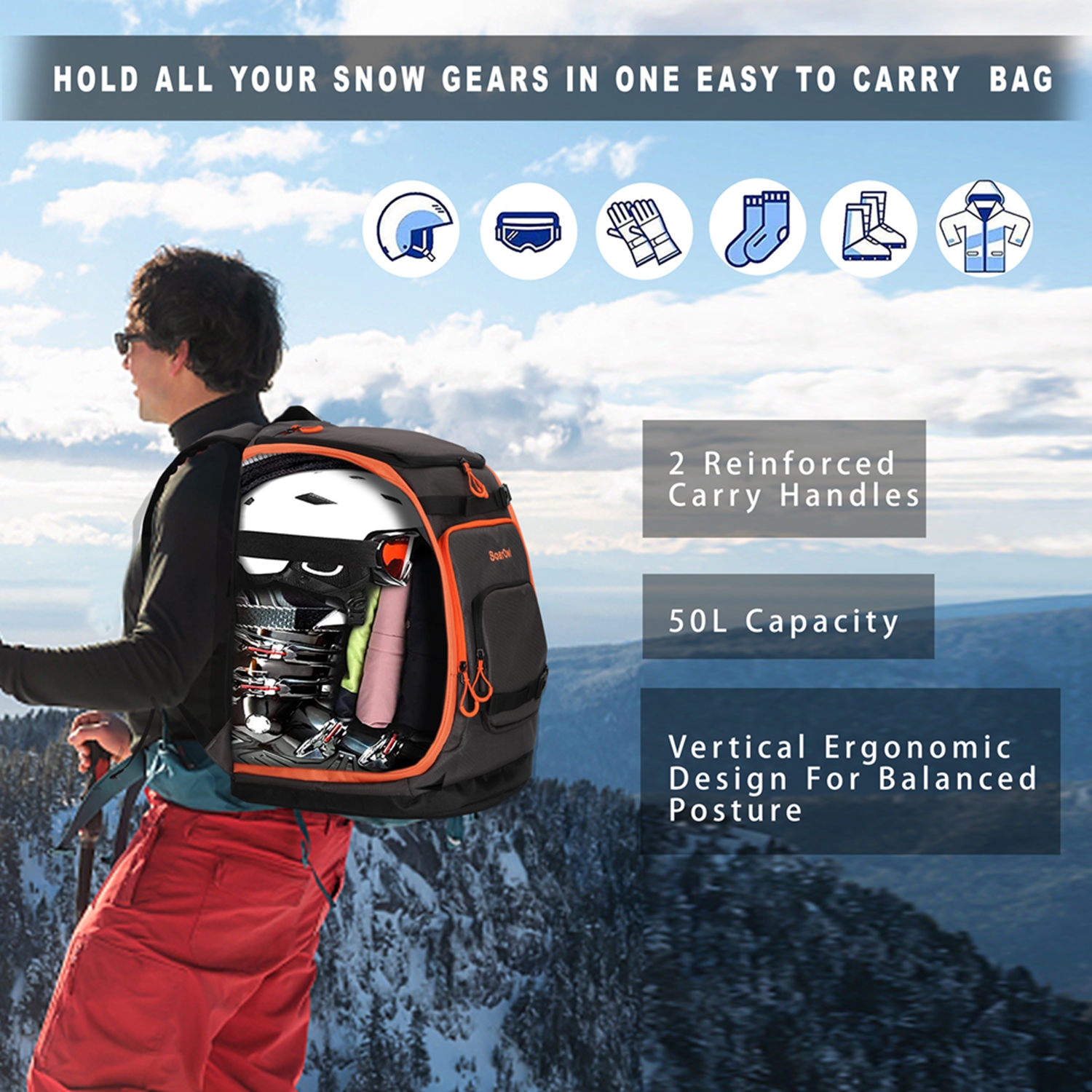 SoarOwl 65L スキーブーツバッグ大容量収納ブーツヘルメット衣類を配置できるスノーボードバックパック調節可能な防水