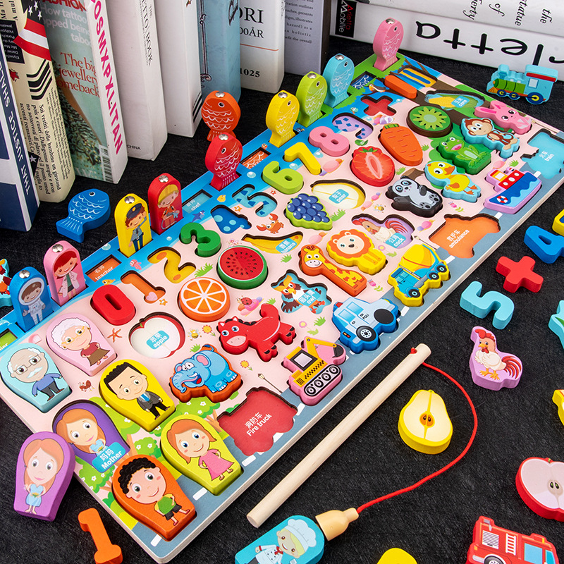 QWZ เด็ก Montessori การศึกษาของเล่นคณิตศาสตร์ไม้เด็ก Busy Board นับรูปร่างสี Match ตกปลาปริศนาการเรียนรู้ของเล่นของขวัญ