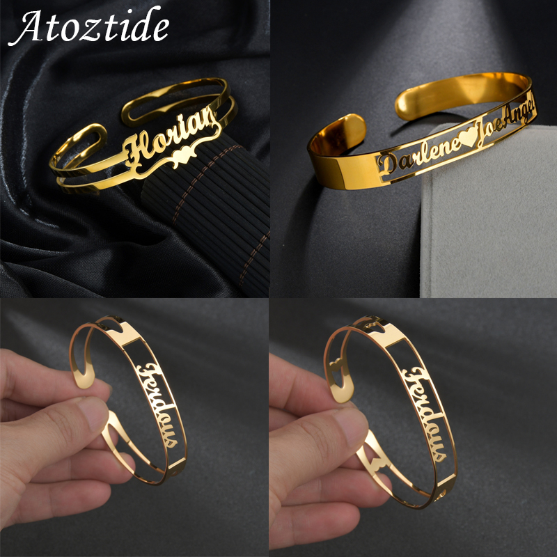 Atoztide Pulsera personalizada con nombre de letra, brazaletes personalizados para mujeres y hombres, regalo de joyería de Navidad de acero inoxidable
