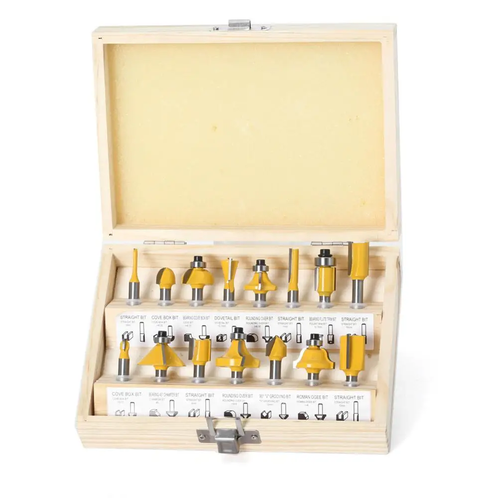15pcs1/4 นิ้ว Router บิตชุดตัดตรงเครื่องตัดไม้ Bits ทังสเตนคาร์ไบด์ตัดไม้