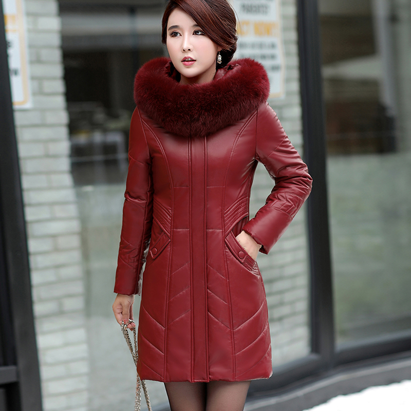 L-8XL Frau Leder Mantel Winter 2024 Neu Mode Mutter Jacke Verdicken Warm Pelzkragen Mit Kapuze Schaffell Mantel Lose Lang Oberbekleidung Weiblich Übergröße