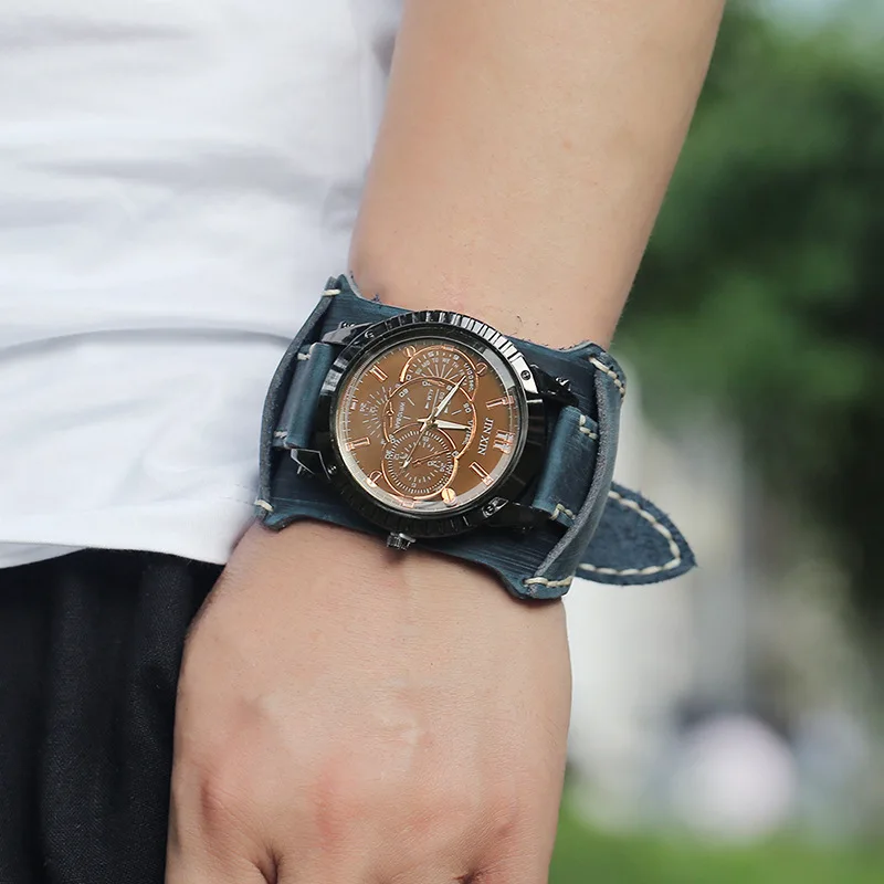 Jessingshow Mới Thời Trang Nam Đồng Hồ Sang Trọng Mặt Lớn Thạch Anh Tình Nhân Dây Da Rộng Punk Vòng Tay Đồng Hồ Thể Thao Nam Tặng