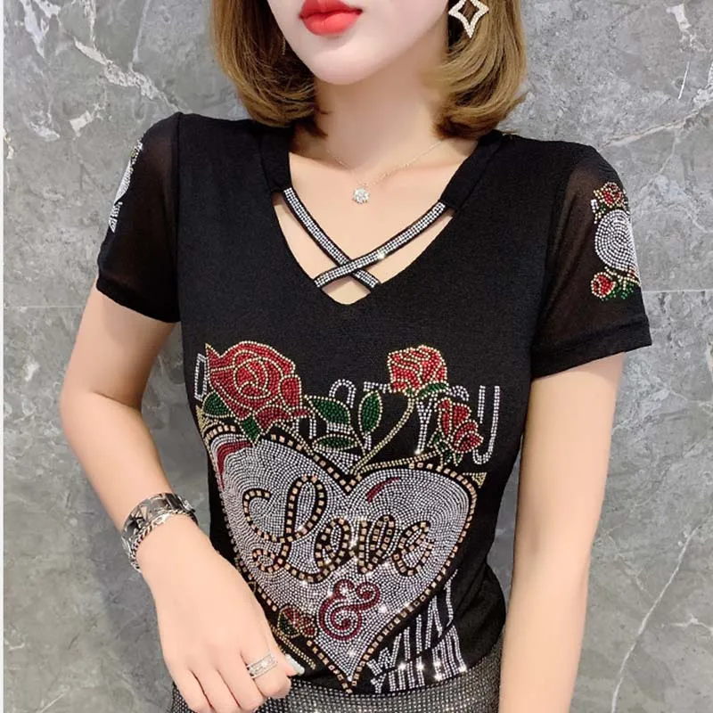 Mùa Hè 2022 Thời Trang Hàn Quốc Áo Thun Quần Áo Gợi Cảm Rỗng Ra Dát Kim Cương Chữ Hoa Hồng Nữ Áo Ropa Mujer Chắp Vá Lưới Tee