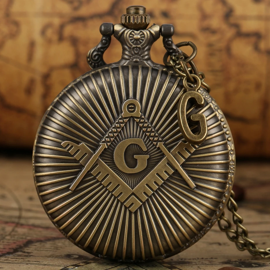 Punk Freimaurerei Freimaurer Design Antike Bronze Quarz Fob Uhr Anhänger Freimaurer Taschenuhr Kette Halskette mit G Zubehör