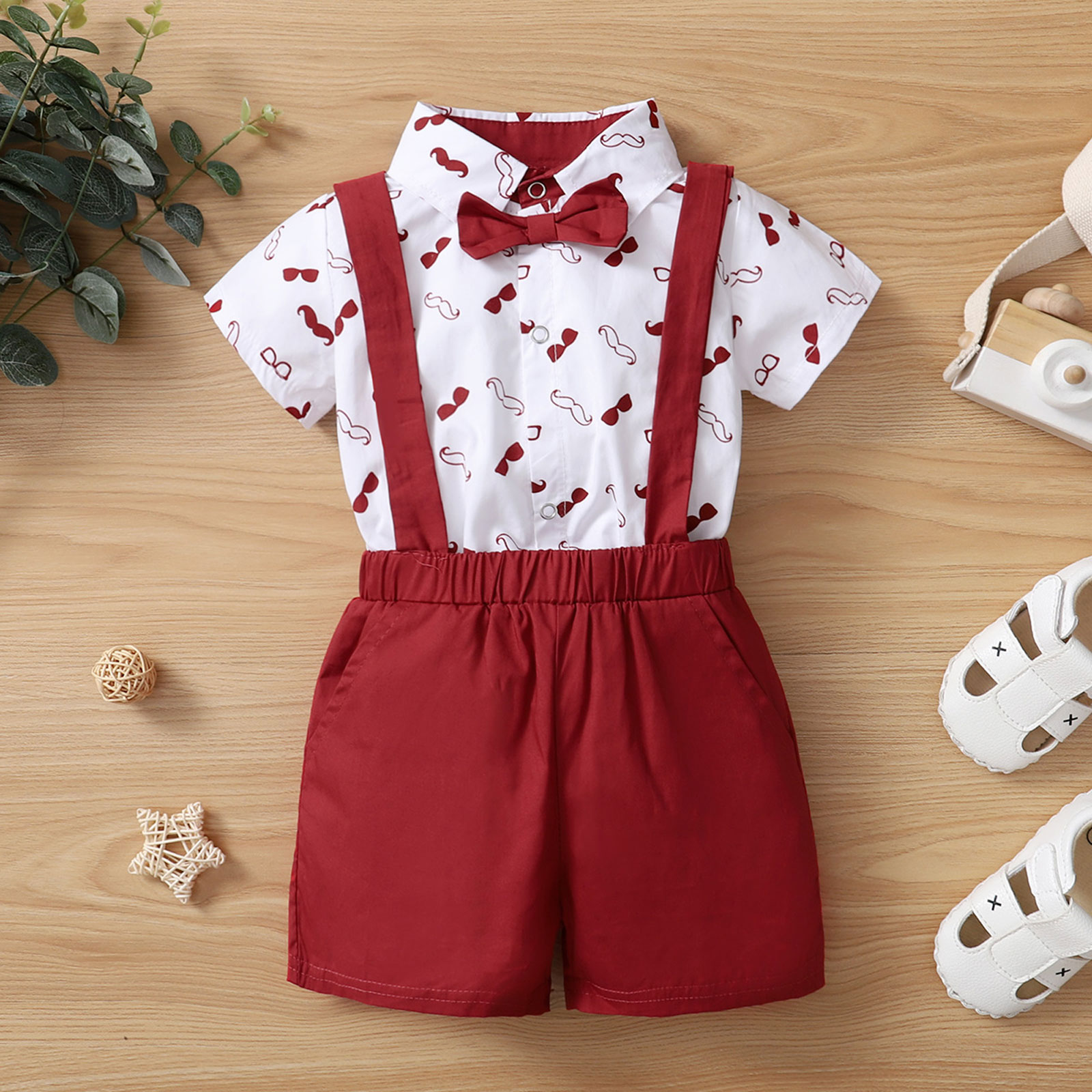 Bé Bé Trai Bộ Quần Áo, Râu In Nữ Tay Ngắn Có Cổ Áo Cổ + Đồng Màu Suspender Quần Short