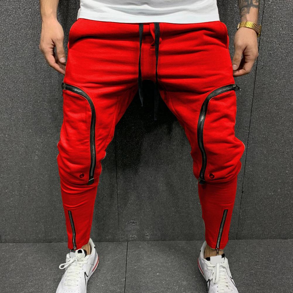 Calças de carga masculinas moda cor sólida cordão casual multi zíperes bolsos calças estilo hip hop calças harém streetwear