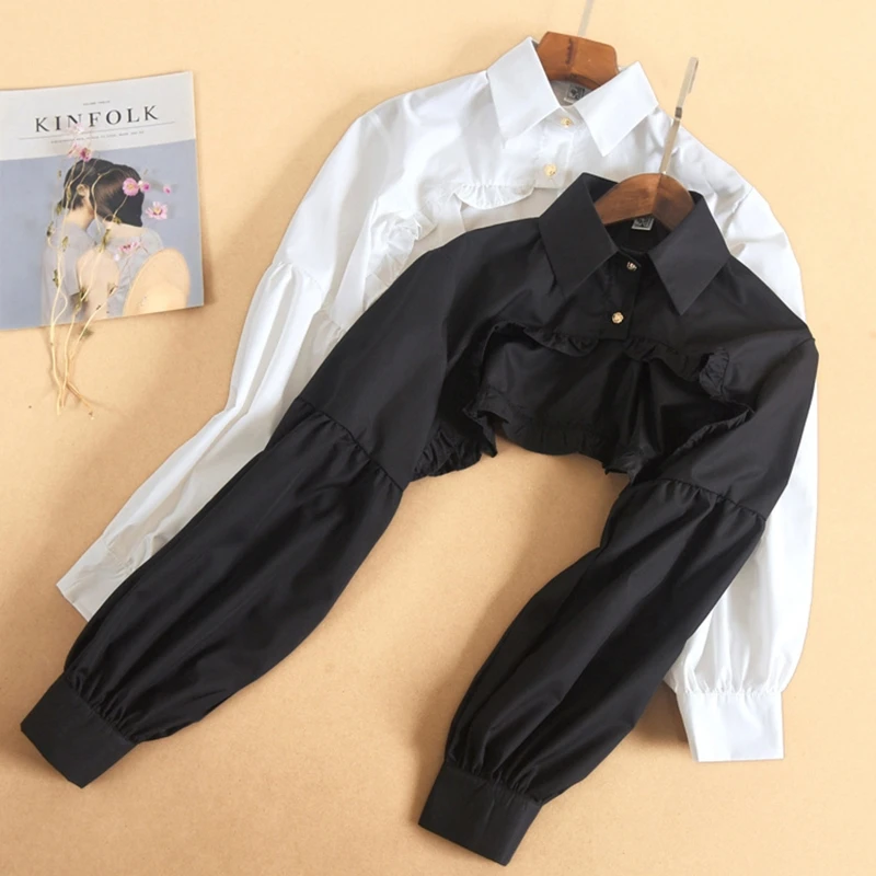 ผู้หญิงพัฟแขนยาวด้านบนเสื้อ Ruffled Edge Golden ปุ่มที่ถอดออกได้ปลอมฤดูหนาวเสื้อกันหนาวตกแต่ง