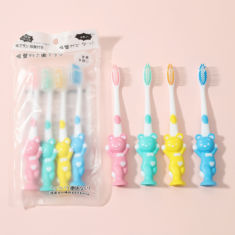 Smmslib 4 pçs escova de dentes macia das crianças bonito urso e coelho escova cuidados dentários escovas de dentes do bebê com ventosa itens orais