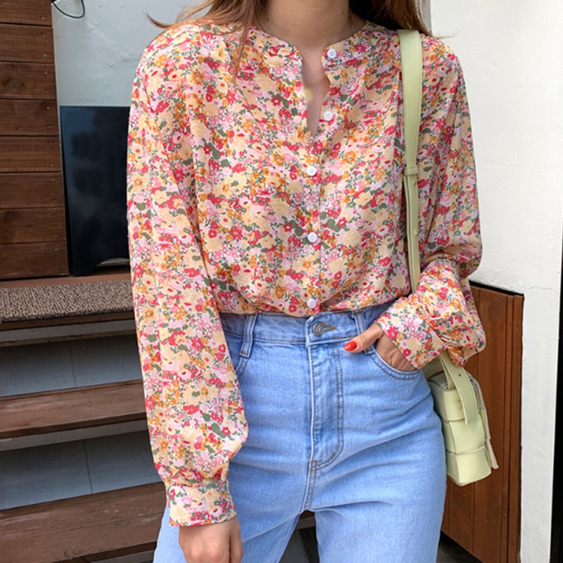 Nữ Họa Tiết Hoa In Áo Thu Đông Cổ Tròn Ngực Đơn Dài Tay Áo Voan