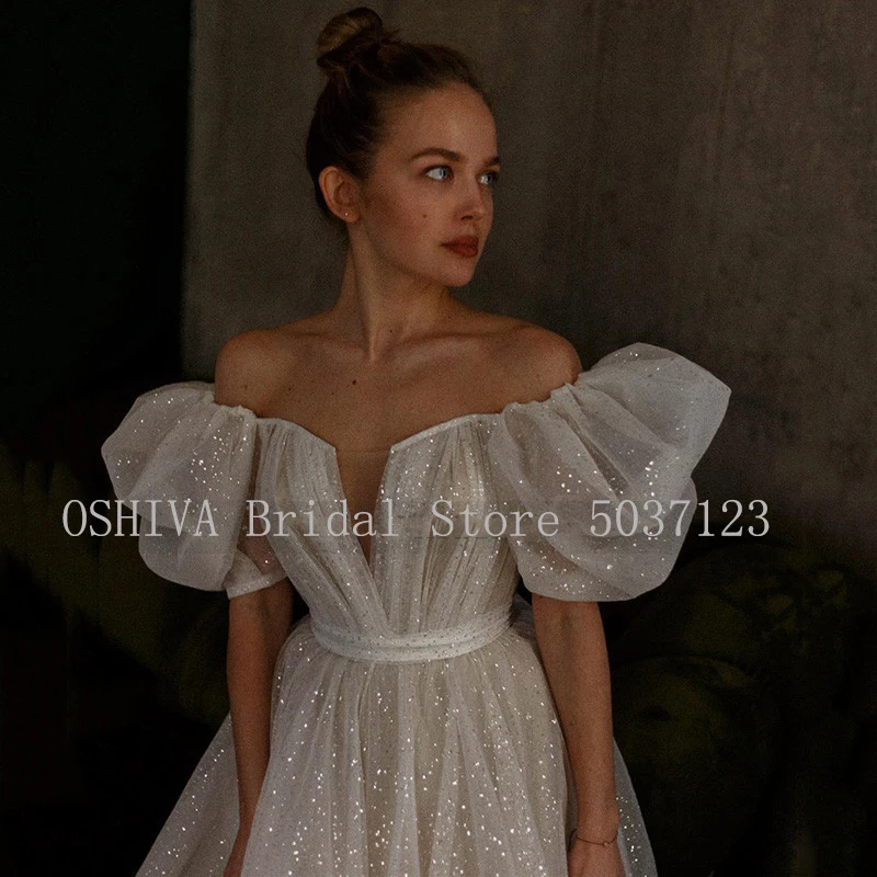 Abiti da sposa in due pezzi con linea A glitterata con gonna staccabile con spalle scoperte maniche corte a sbuffo abiti da festa da sposa principessa